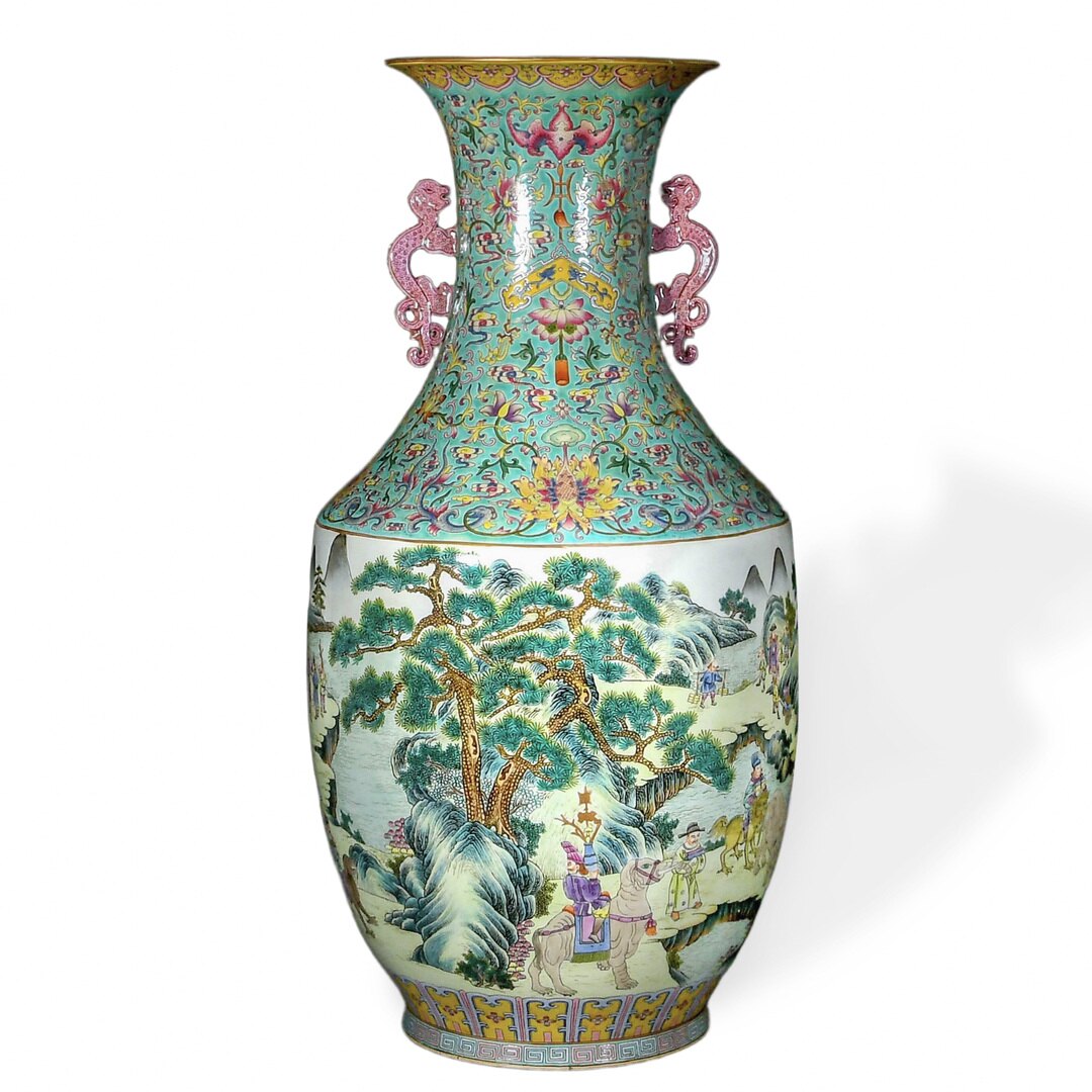 Monumental famille rose landscape vase on a turquoise ground